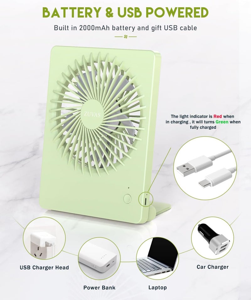 Zuvas Desk Fan Battery Operated Fan Rechargeable 180°Tilt Folding Personal Fan Ultra Quiet Small Portable 3 Speed Adjustable Strong Wind Fan For Office Bedroom Home Desktop Camping (Light Green) - Image 4